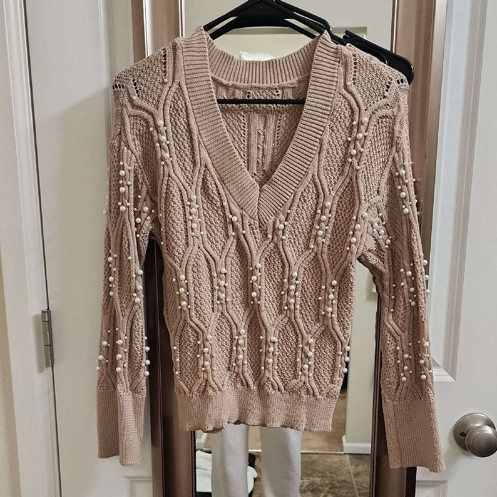 Elegant Pearl-Embellished Tan Sweater
